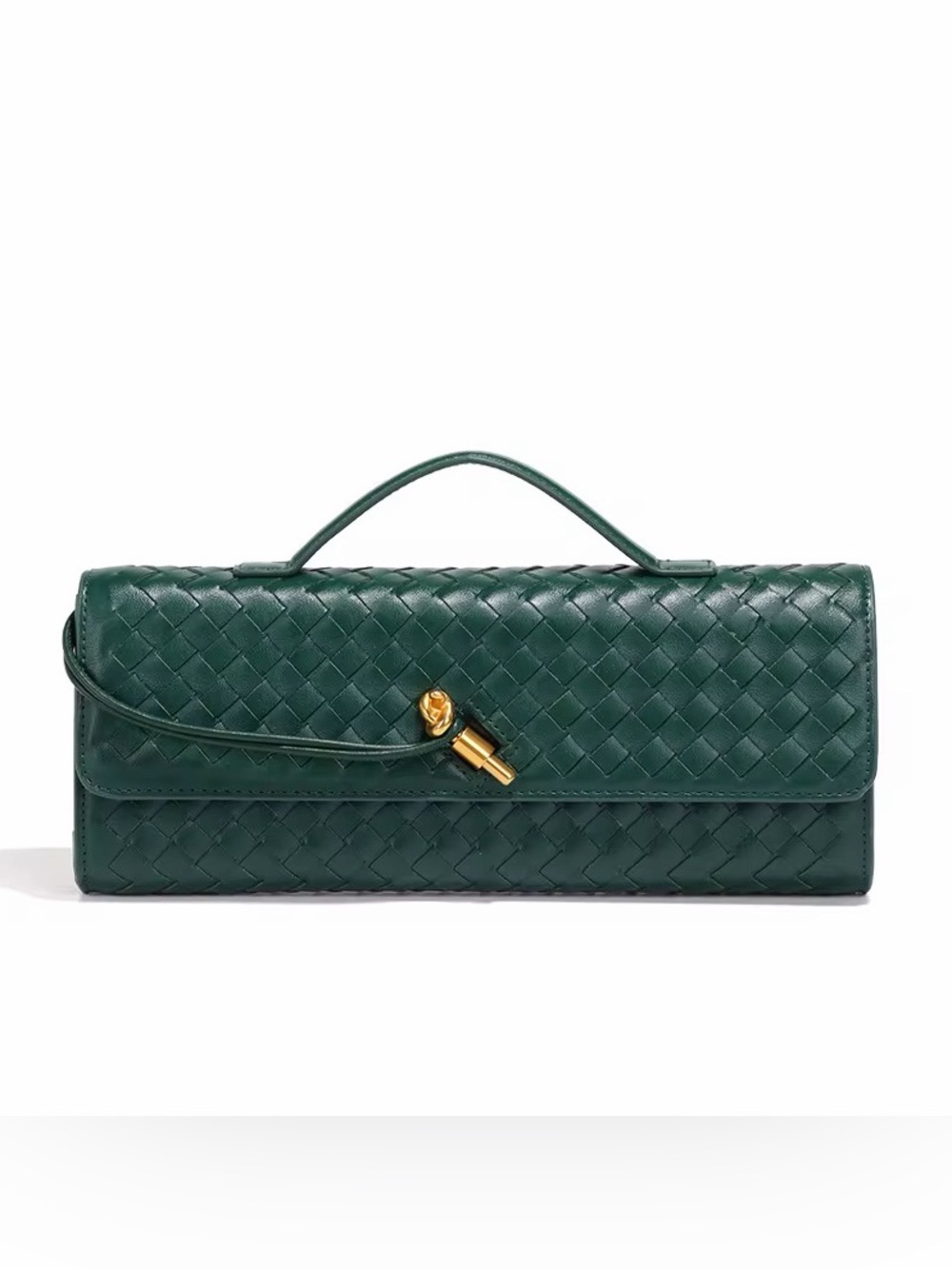 Dark Green Woven Leather Top-Handle Clutch